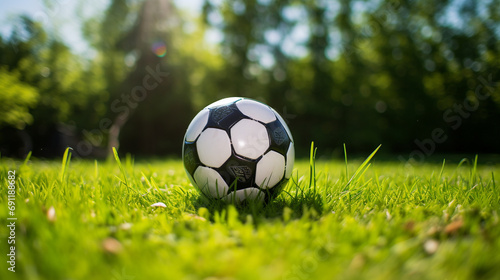 Bright and inviting image of soccer ball on field of green grass  Concept of summer camps and outdoor activities  AI Generated