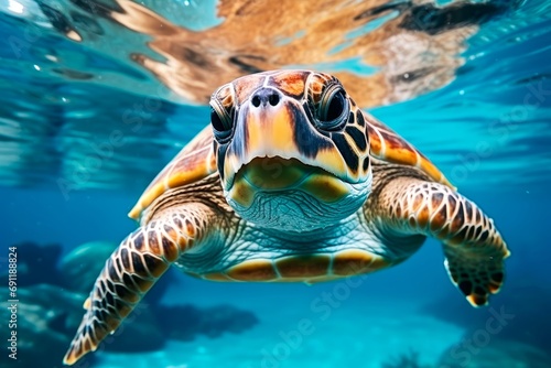 Green sea turtle swims underwater close-up