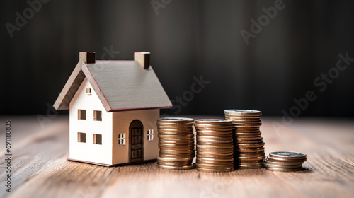 House model atop pile of coins representing idea of saving for home loan or mortgage, Symbolic relationship between house and money, AI Generated