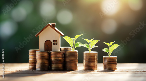 House model atop pile of coins representing idea of saving for home loan or mortgage, Symbolic relationship between house and money, AI Generated