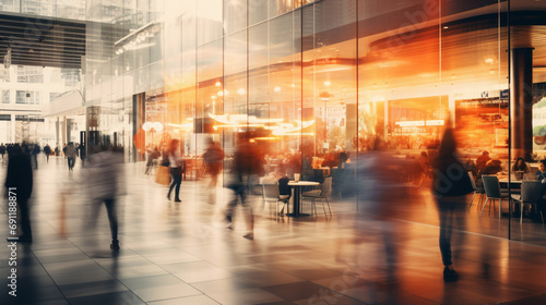 Bustling and lively depiction of shopping mall with motion of stores and people blurred, Dynamic and busy nature of mall, AI Generated © Shining Pro