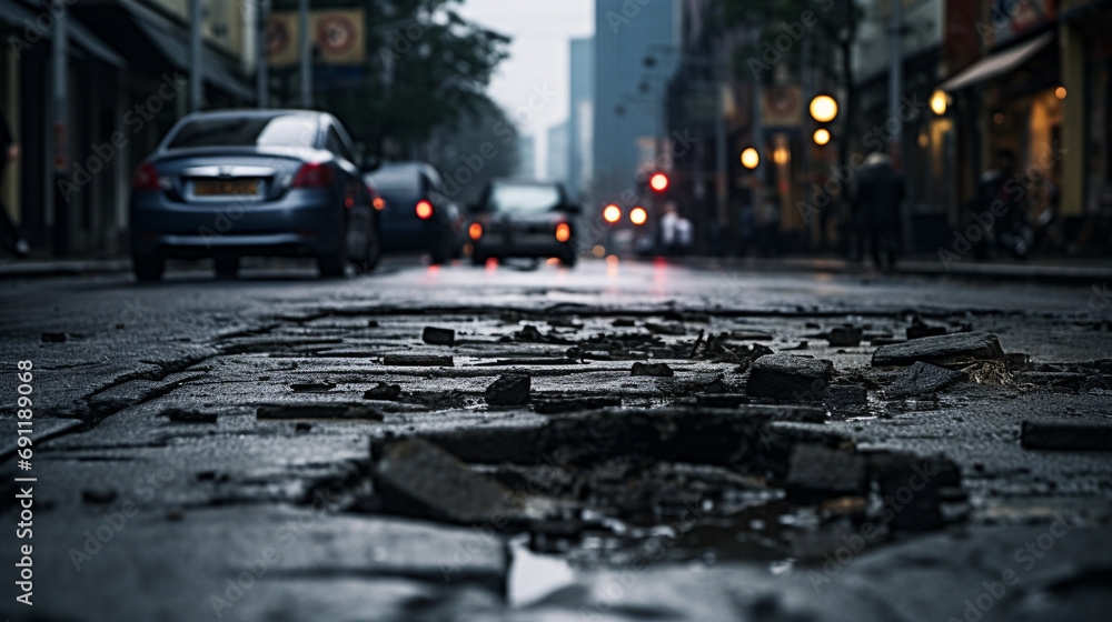 Dynamic and striking photo of deteriorated city street or road with prominent potholes in asphalt pavement, AI Generated - obrazy, fototapety, plakaty 