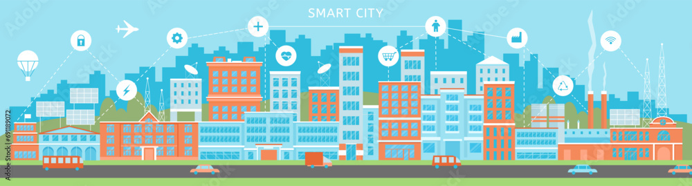 Smart city flat scene. Skyscraper and office buildings, apartments and road with transport. Technologies and urbanization, digital town decent vector landscape
