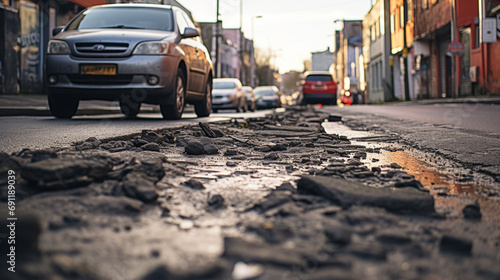 Dynamic and striking photo of deteriorated city street or road with prominent potholes in asphalt pavement, AI Generated photo