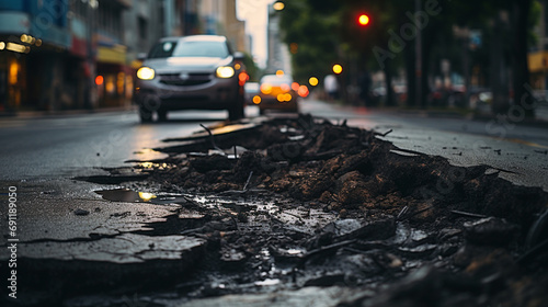 Dynamic and striking photo of deteriorated city street or road with prominent potholes in asphalt pavement, AI Generated