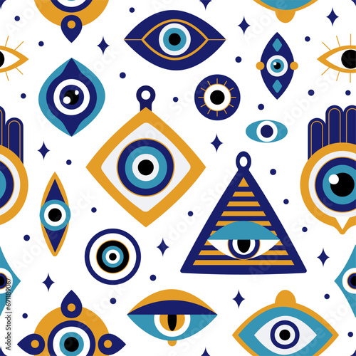 Evil eye seamless pattern. Eye of providence, decorative spiritual turkish greek protection talisman fabric print. Decent vector magic background