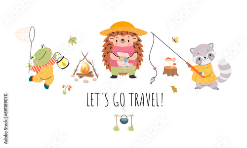 Travel childish animals characters print. Cute hiking hedgehog, frog and raccoon. Funny wild forest animal banner, touristic nowaday vector background