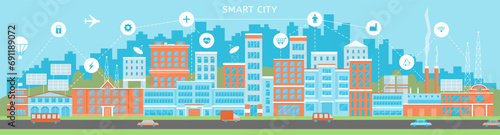 Smart city flat scene. Skyscraper and office buildings, apartments and road with transport. Technologies and urbanization, digital town decent vector landscape