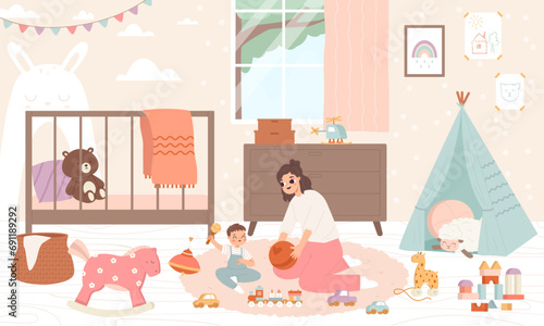 Girl play with baby. Babysitter, sister or young mother playing with toddler in toys. Funny characters in nursery, childcare snugly vector scene