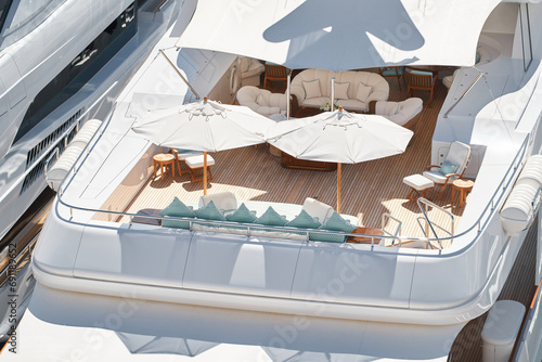 Close up footage of a relaxation area on the open teak deck of an expensive megayacht at sunny day, with awnings stretched over the deck to protect from the sun, wealth life, table and chairs