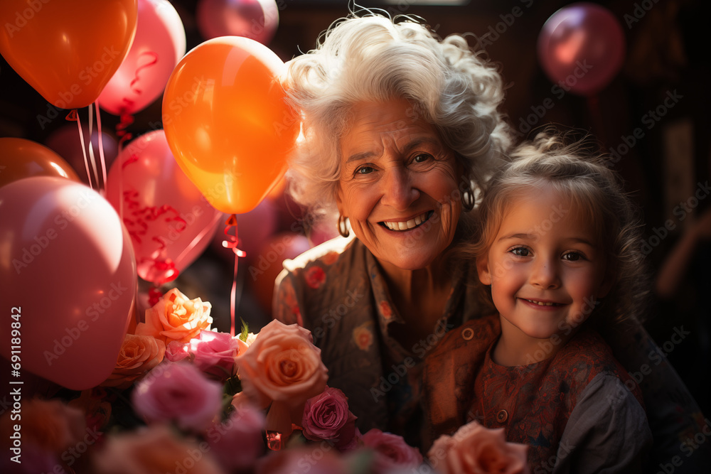 Kolorowe chwile z babcią - ujęcie pełne miłości, balonów i uśmiechów. - obrazy, fototapety, plakaty 