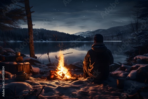 a man sitting near a campfire on snowy ground taking warmth in winters