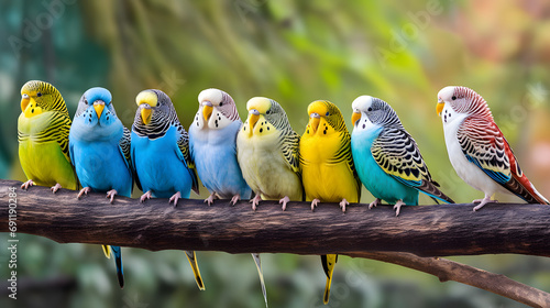 Fényképezés A flock of colorful budgerigars perched on a branch in a large aviary