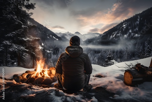 a man sitting near a campfire on snowy ground taking warmth in winters