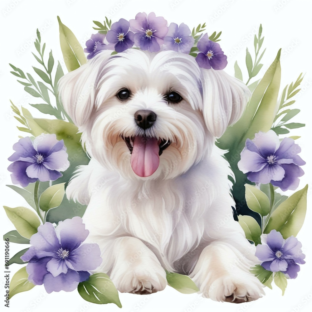 Φωτογραφία Watercolor Portrait of Maltese Wearing a Violet Flower Headpiece, Surrounded by