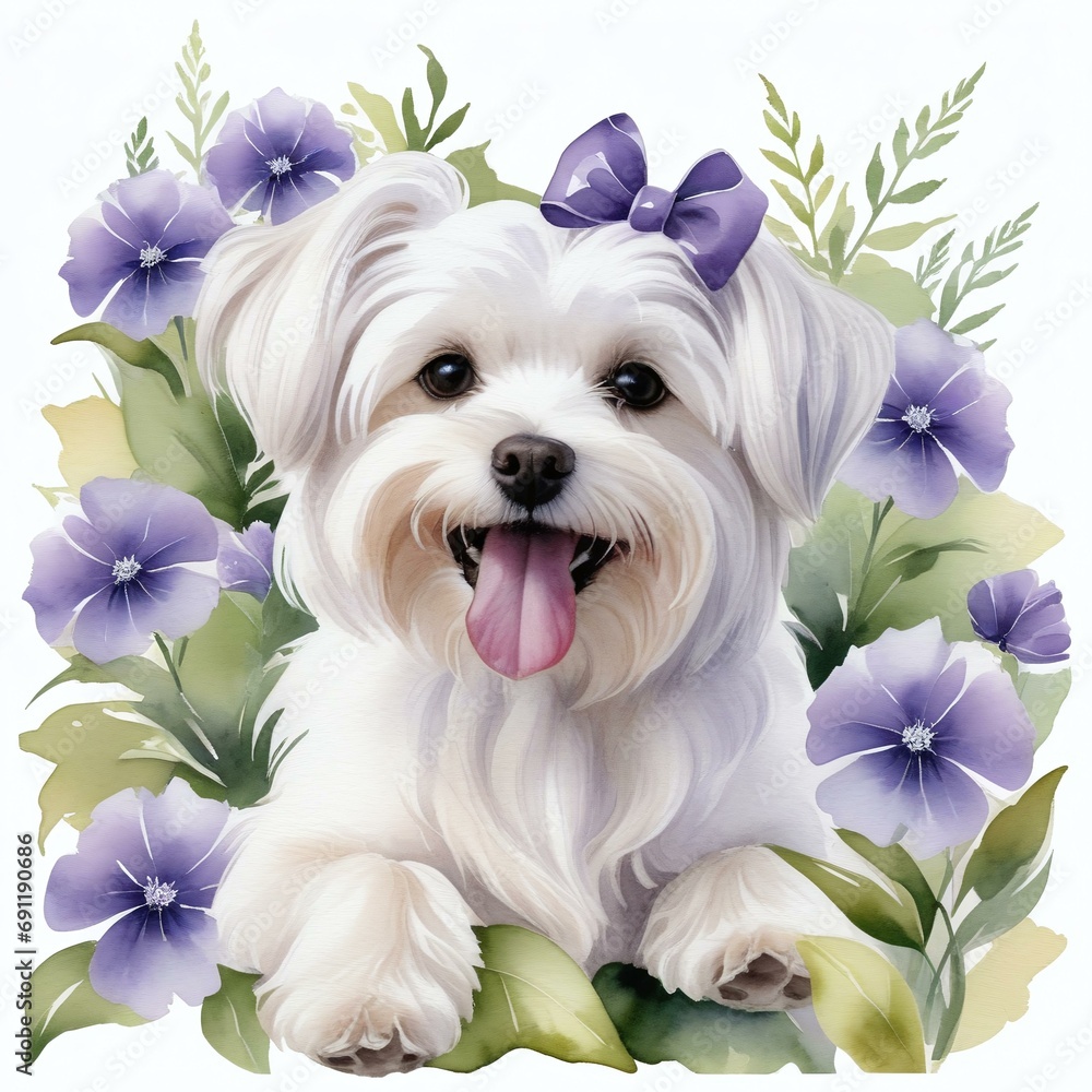 Φωτογραφία Whimsical Violet Fantasy: Watercolor Portrait of Maltese Dog Surrounded by Viole