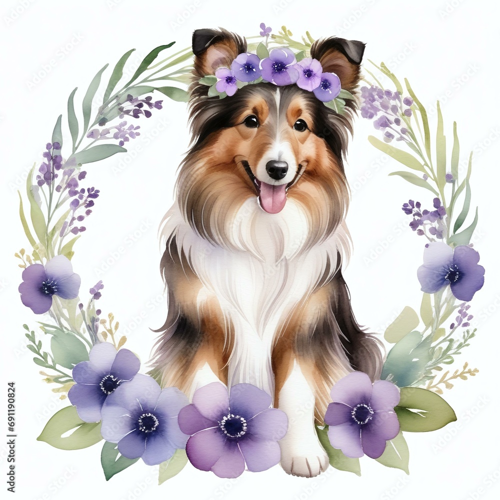 Fototapeta premium Graceful Watercolor Portrait of Shetland Sheepdog, Wearing a Purple Flower Crown, Surrounded by a Purple Flower Garland