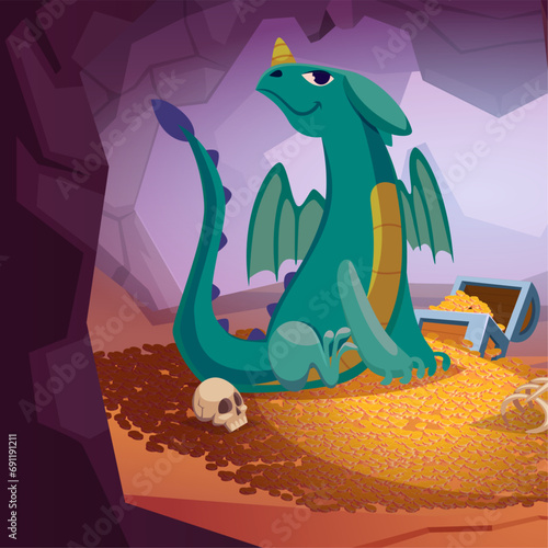 Dragon cave. Fantasy characters lizard sitting on golden coins hills treasures collection. Vector background