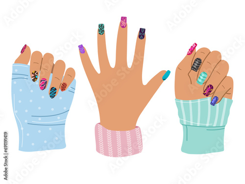 Female hand manicure. Colored decoration polish nails recent vector beauty concept illustration in cartoon style
