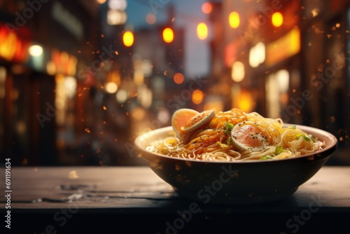 delicious beautiful bowl of ramen. Noodles with egg. Japanese dish, Chinese food. Thai street food. Asian dish. photo