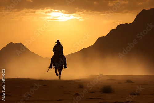 silhouette of a man cowboy riding a horse in the middle of the desert 