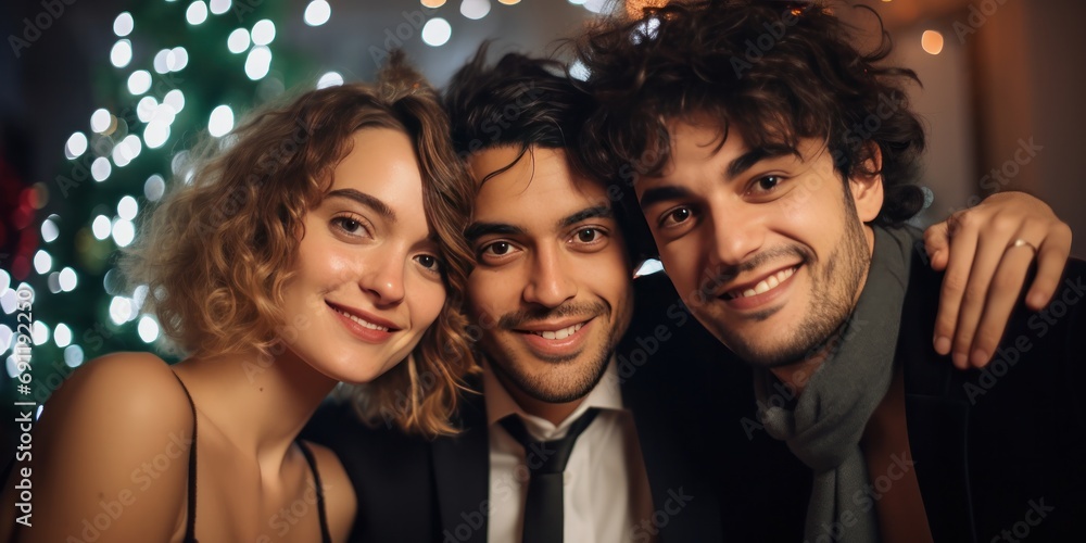 friends are taking a picture in front of a Christmas tree, in the style of portraits with soft lighting, generative AI friends are taking a picture in front of a Christmas tree, in the style of portraits with soft lighting, generative AI