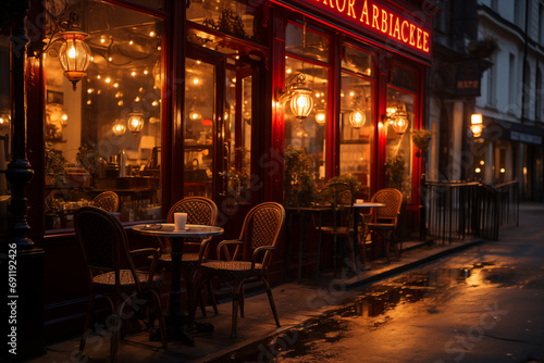 Street Scene with a Traditional French Cafe, Parisian Nightlife: Cafe Culture in Montmartre photo