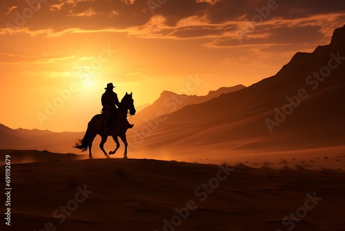 silhouette of a man cowboy riding a horse in the middle of the desert  © DailyLifeImages