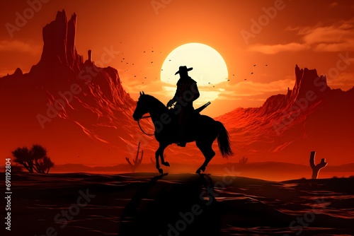 silhouette of a man cowboy riding a horse in the middle of the desert 