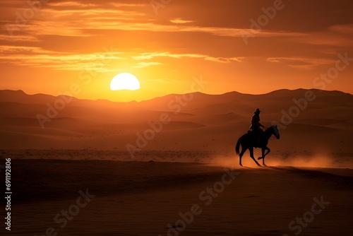 silhouette of a man cowboy riding a horse in the middle of the desert 