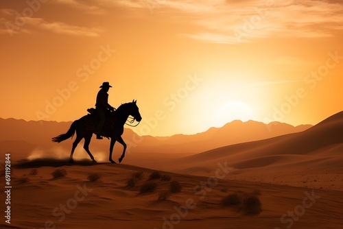 silhouette of a man cowboy riding a horse in the middle of the desert