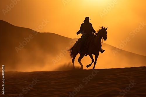 silhouette of a man cowboy riding a horse in the middle of the desert