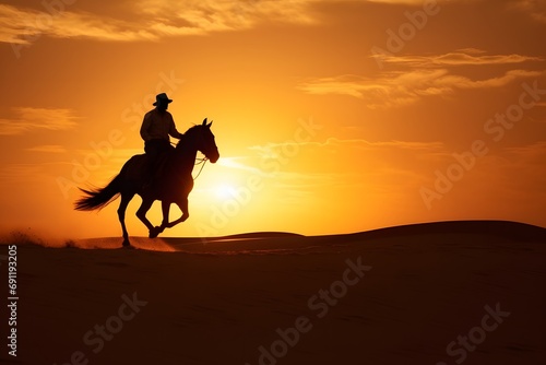 silhouette of a man cowboy riding a horse in the middle of the desert