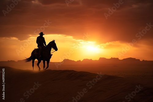 silhouette of a man cowboy riding a horse in the middle of the desert © DailyLifeImages