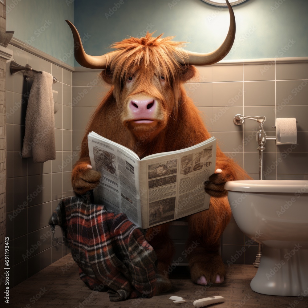 Highland Cow Sitting On The Toilet Reading A Newspaper Stock Photo 
