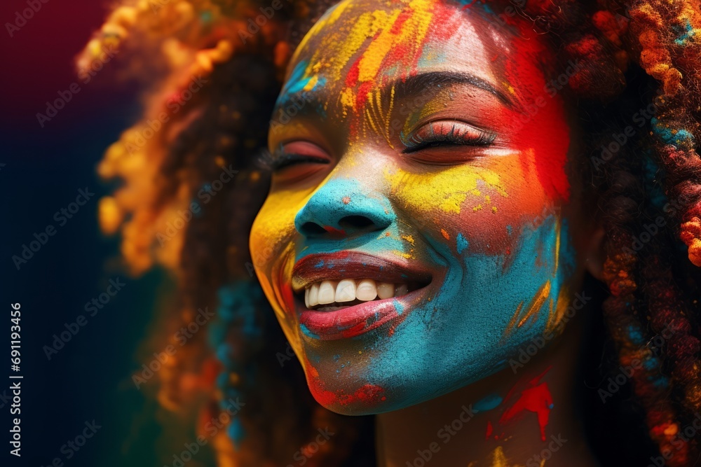 Portrait of a black smiling woman in colorful paint
