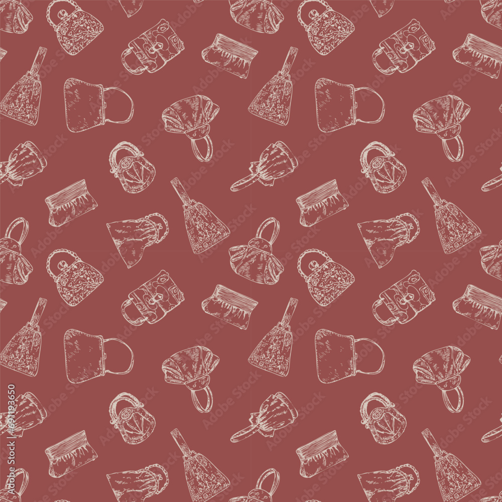 Vintage bags. Vector hand-drawn background. Lady bags, wallets and purses seamless pattern