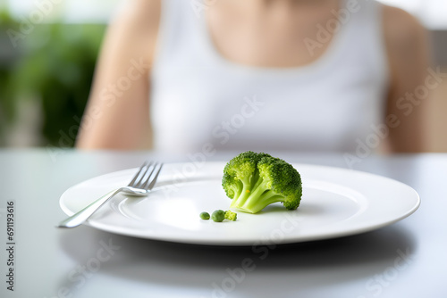 dieting problems, eating disorder - unhappy woman looking at small broccoli portion on the plate photo