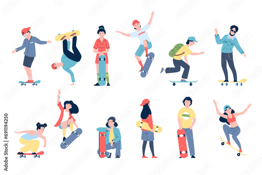 Skateboarders young characters. Teens riding skateboards, boys and girls active skateboarding. Teenagers popular seasonal activity, recent vector set