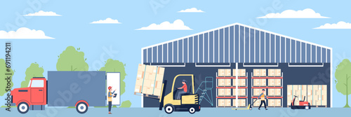 Warehouse outside view. Loading cargo and boxes into truck, workers in uniform. Transportation service, logistic and delivery industry recent vector scene