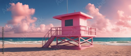 A pink lifeguard station against the blue sea under the clouds © Mikalai