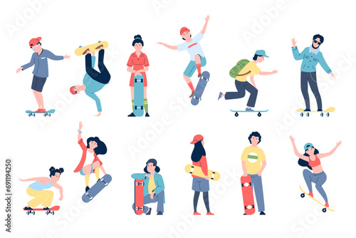 Skateboarders young characters. Teens riding skateboards, boys and girls active skateboarding. Teenagers popular seasonal activity, recent vector set