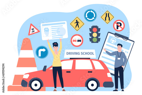 Woman learning at driving school and taking driver license. Education in auto school, study signs and rules and examination. Flat recent vector illustration