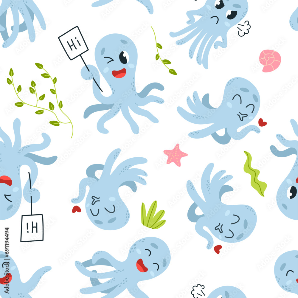 Cartoon octopus seamless pattern. Positive underwater childish fabric template. Cute blue octopuses in various poses. Classy marine vector background