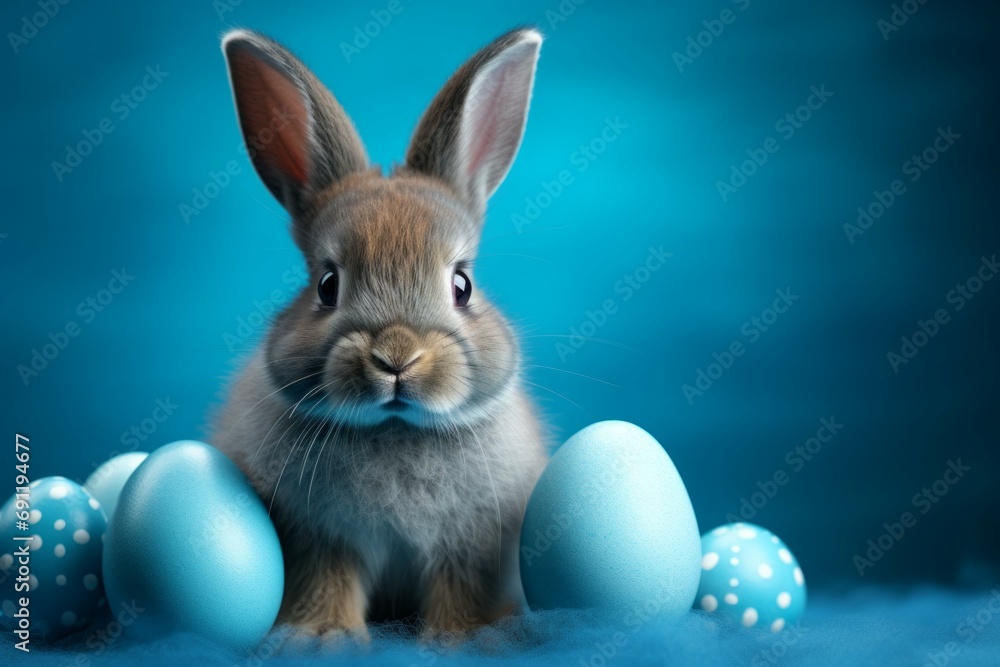 Easter bunny with eggs on a blue studio background with selective focus and copy space Easter bunny with eggs on a blue studio background with selective focus and copy space