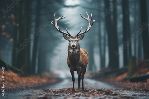 Deer on the road or highway. Background with selective focus and copy space