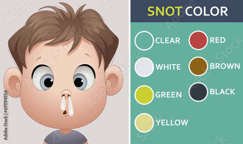 A child has a runny nose. Color of nasal discharge. Healthcare illustration. Vector illustration.