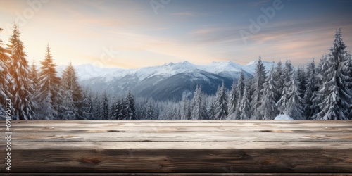 Winter background, old empty wooden table over a lake with trees and copy space. Generative AI © 22_monkeyzzz