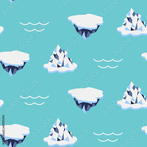 Iceberg cartoon style ice seamless pattern. Repeating background design for printing on fabric. Ice floes in water flat vector illustration