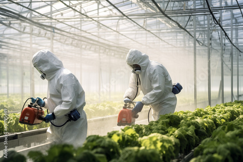 People in protective suits and a mask use a sprayer for plants in a greenhouse photo
